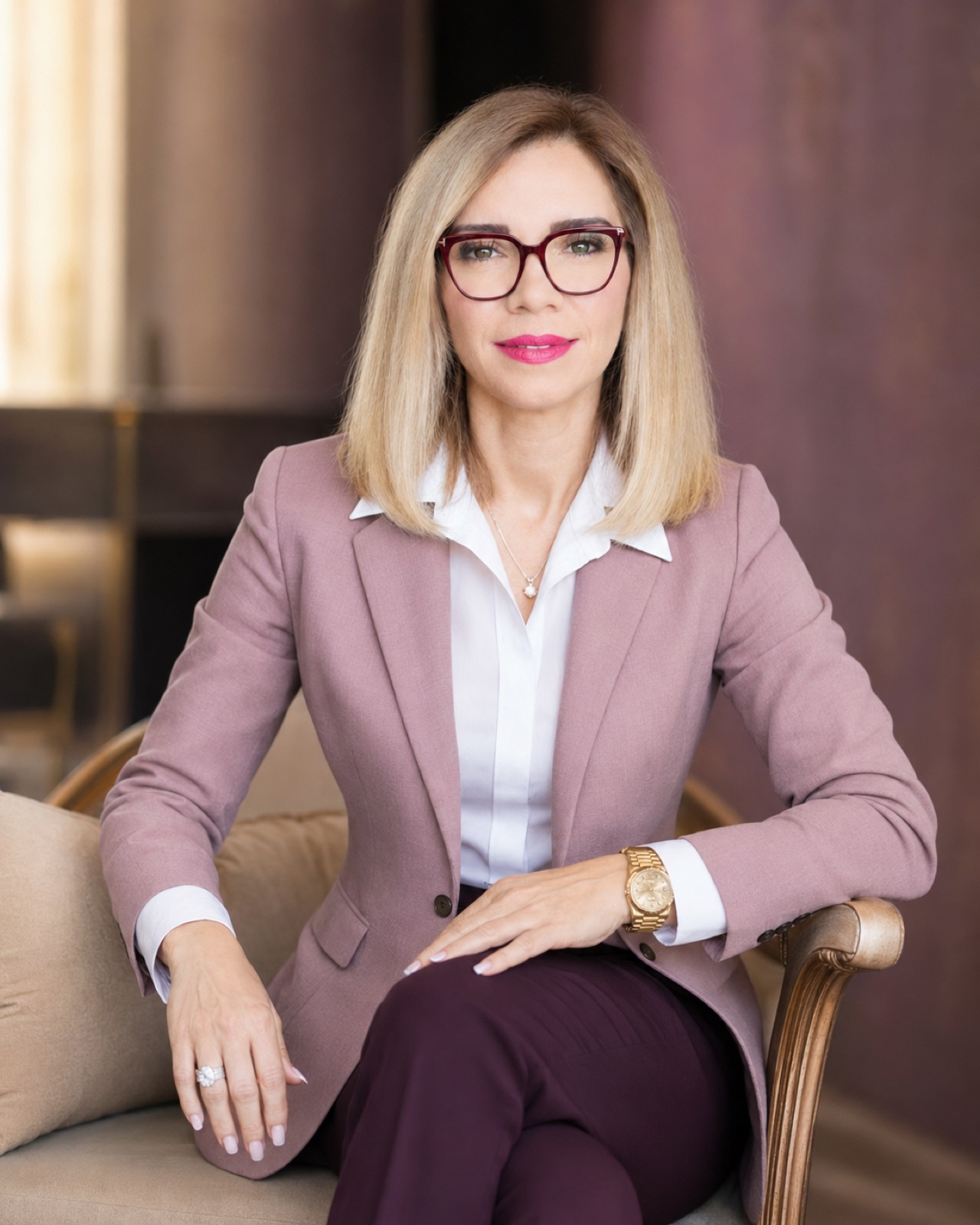 Mauve blazer over plum trousers, burgundy frames. Seated in a lounge.