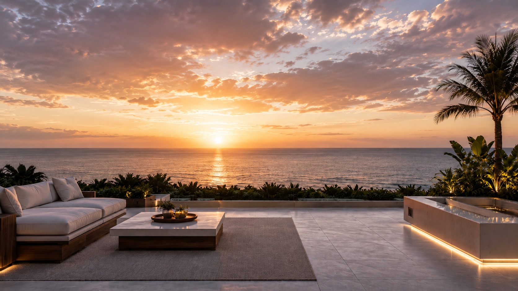 Terrace over the ocean at sunset.